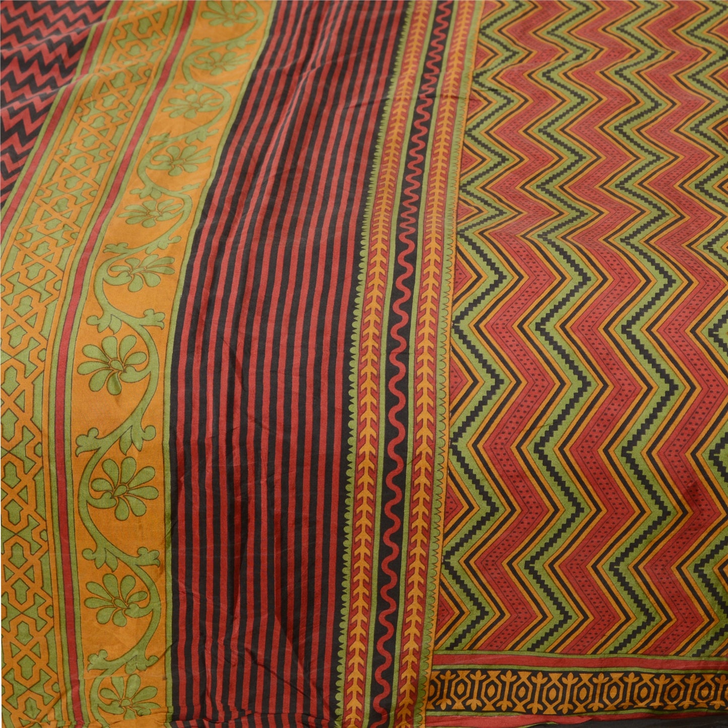 Sanskriti Vintage Sarees Red & Green Print 100% Pure Silk Sari 5+YD Craft Fabric