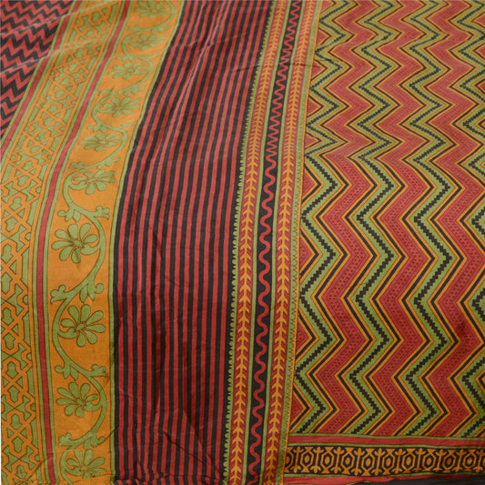 Sanskriti Vintage Sarees Red & Green Print 100% Pure Silk Sari 5+YD Craft Fabric