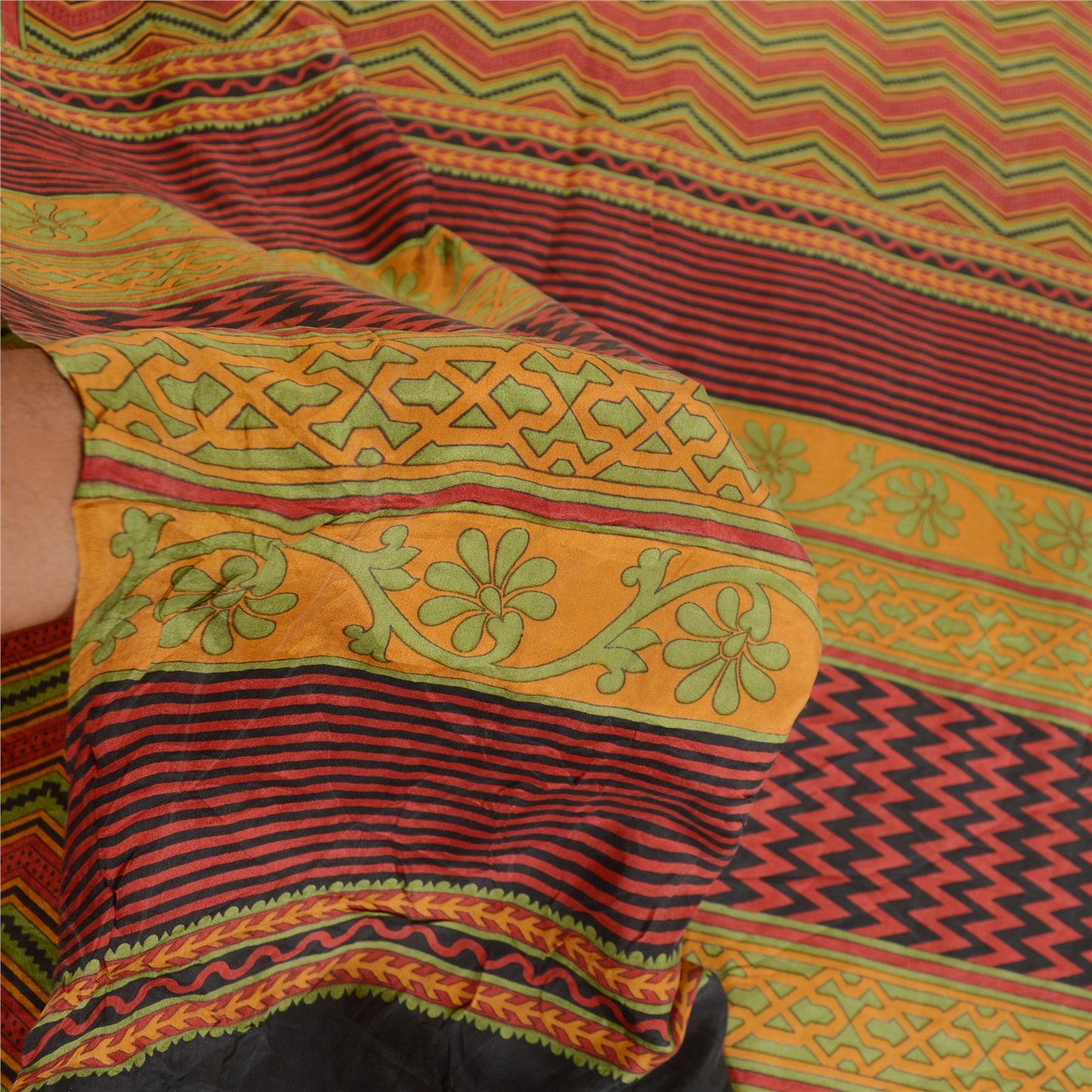 Sanskriti Vintage Sarees Red & Green Print 100% Pure Silk Sari 5+YD Craft Fabric