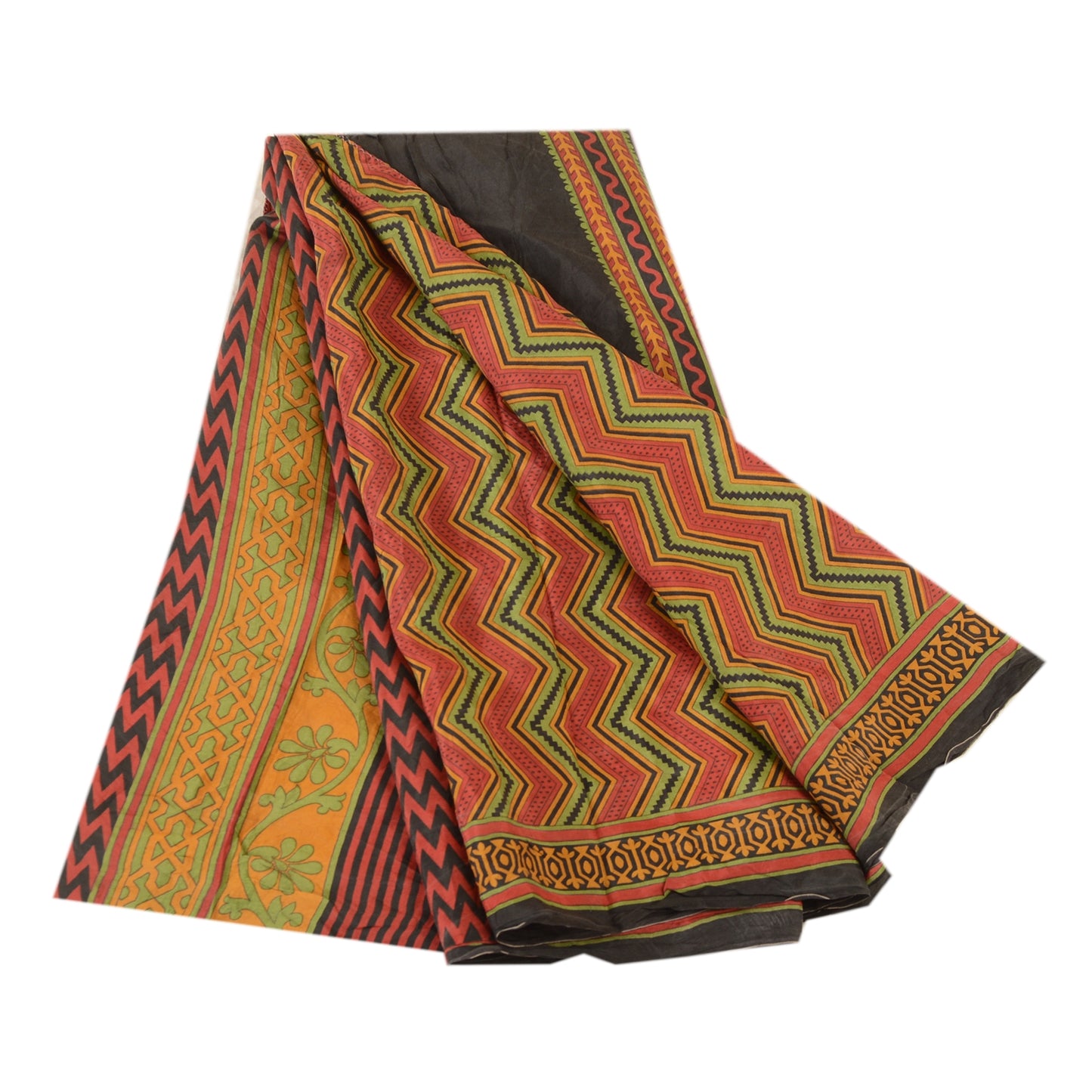 Sanskriti Vintage Sarees Red & Green Print 100% Pure Silk Sari 5+YD Craft Fabric