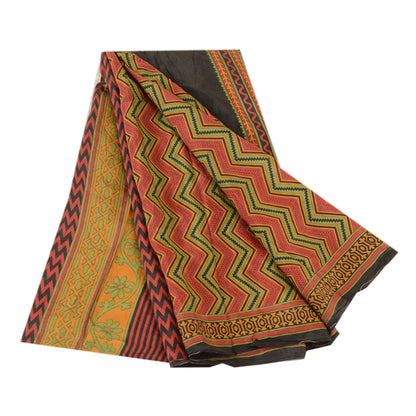 Sanskriti Vintage Sarees Red & Green Print 100% Pure Silk Sari 5+YD Craft Fabric