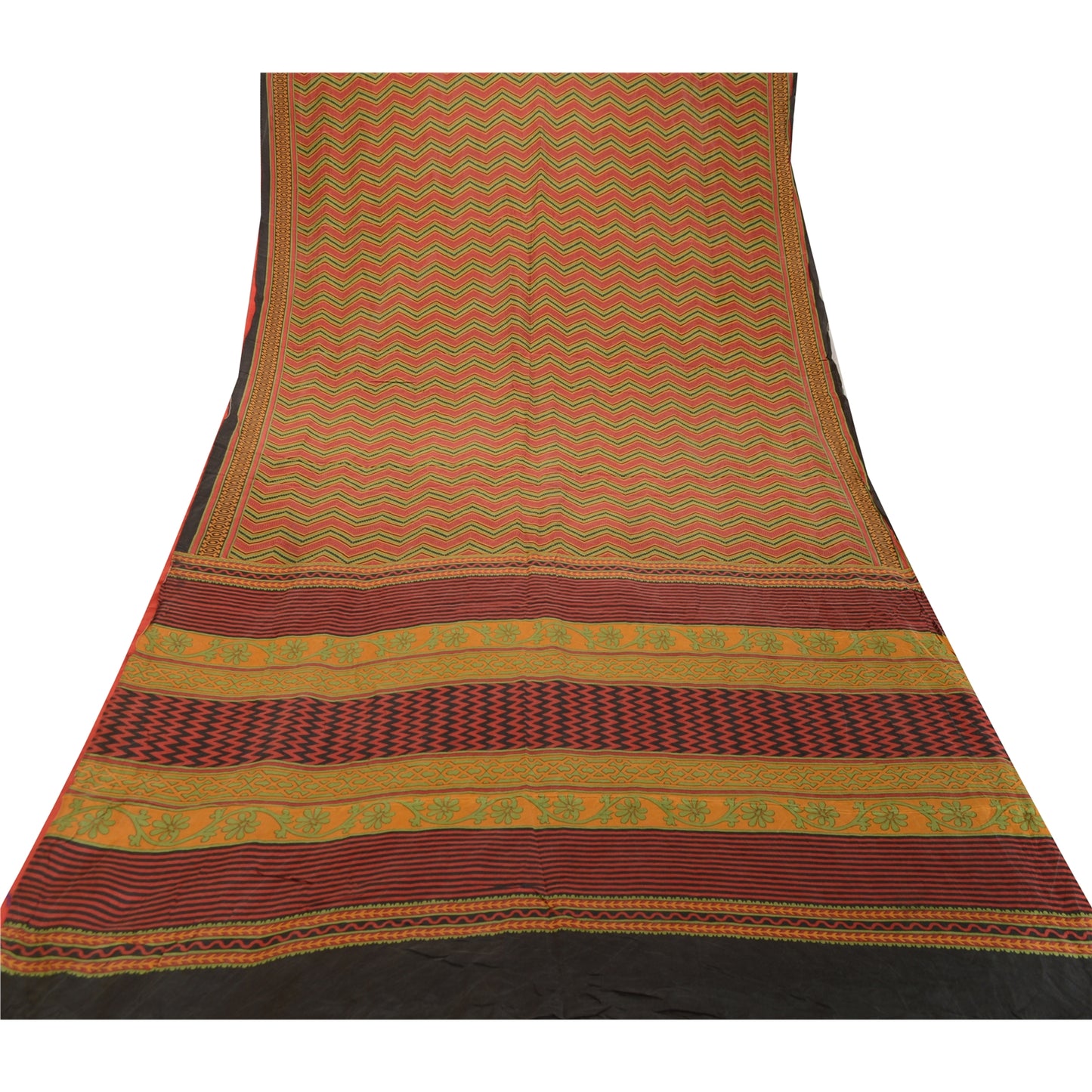 Sanskriti Vintage Sarees Red & Green Print 100% Pure Silk Sari 5+YD Craft Fabric