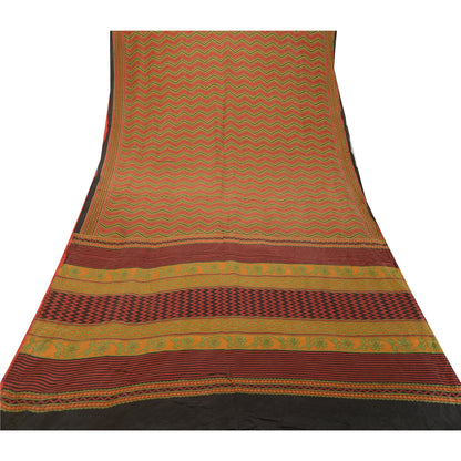Sanskriti Vintage Sarees Red & Green Print 100% Pure Silk Sari 5+YD Craft Fabric