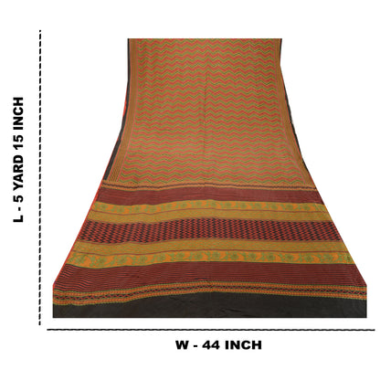Sanskriti Vintage Sarees Red & Green Print 100% Pure Silk Sari 5+YD Craft Fabric