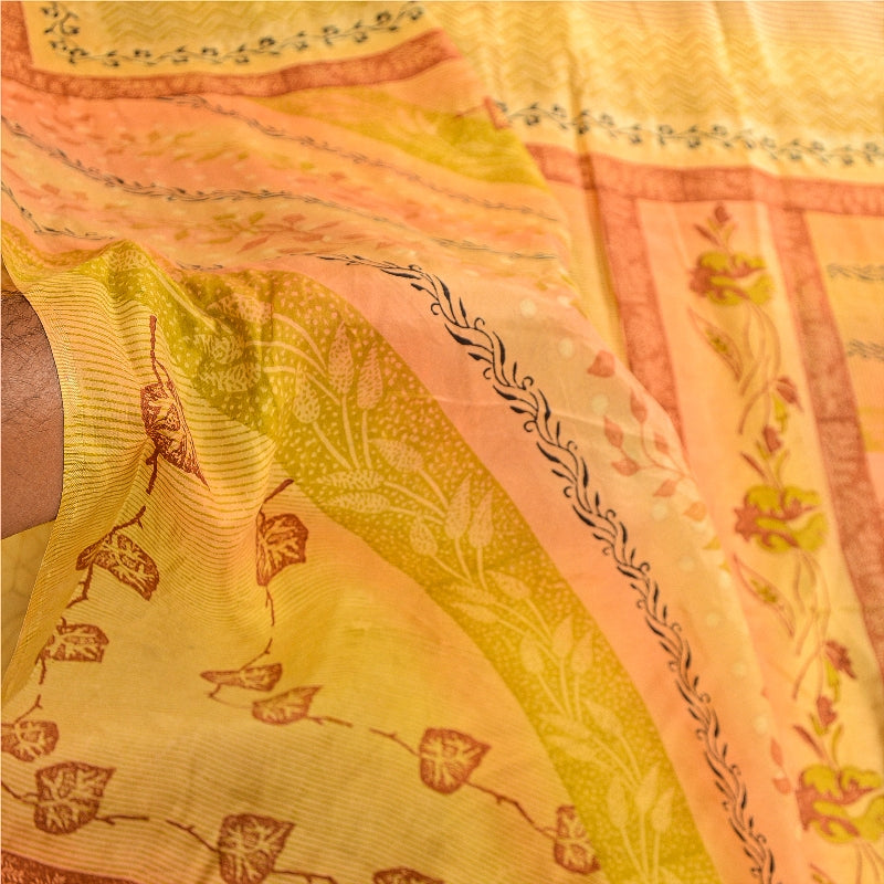 Sanskriti Vintage Sarees Mustard Yellow Pure Silk Printed Sari Soft Craft Sustainable Fabric