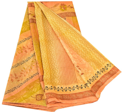 Sanskriti Vintage Sarees Mustard Yellow Pure Silk Printed Sari Soft Craft Sustainable Fabric