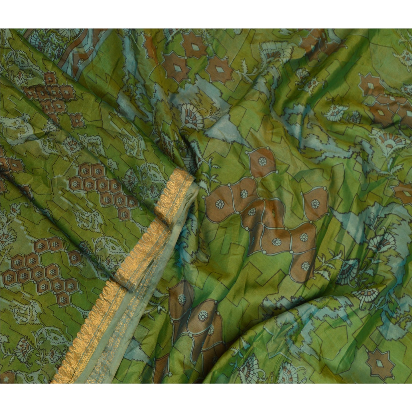 Sanskriti Vintage Sarees Green Pure Silk Printed Zari Border Sari Craft Fabric