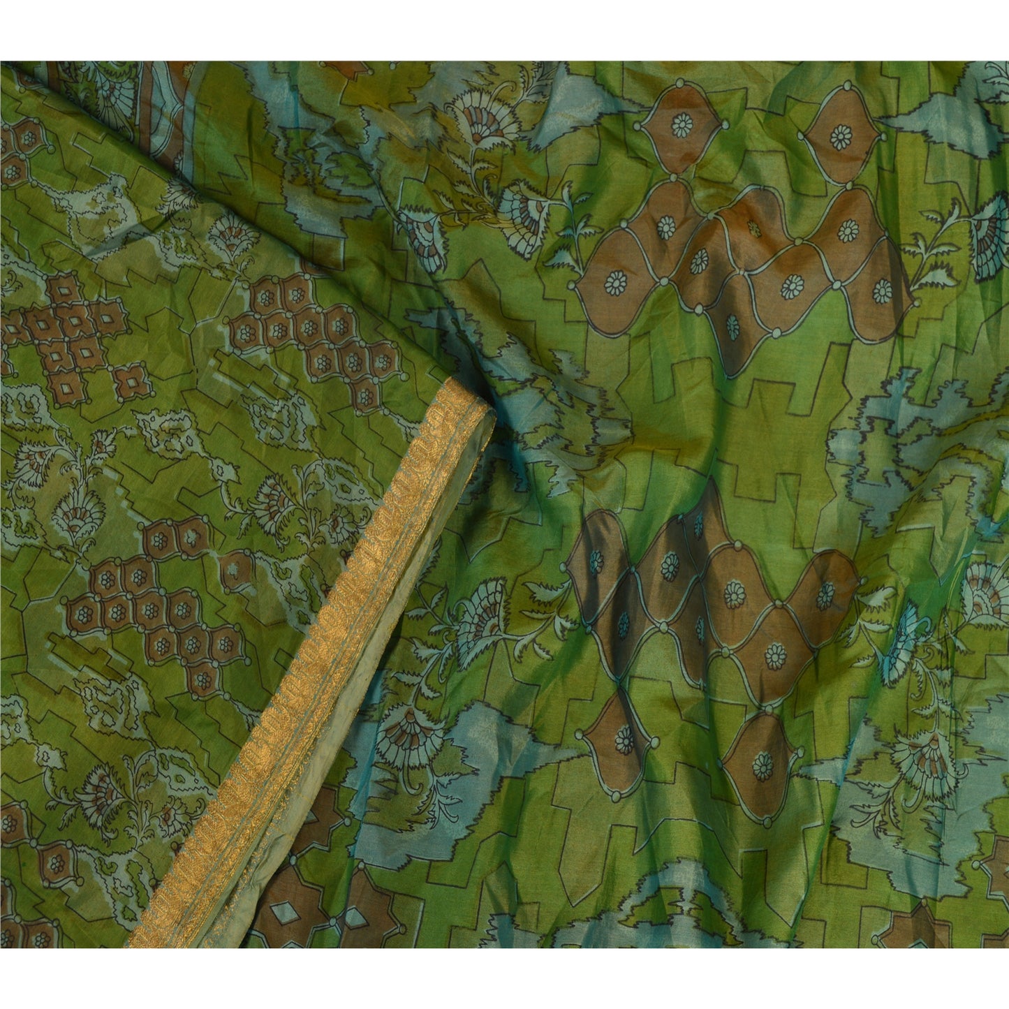 Sanskriti Vintage Sarees Green Pure Silk Printed Zari Border Sari Craft Fabric