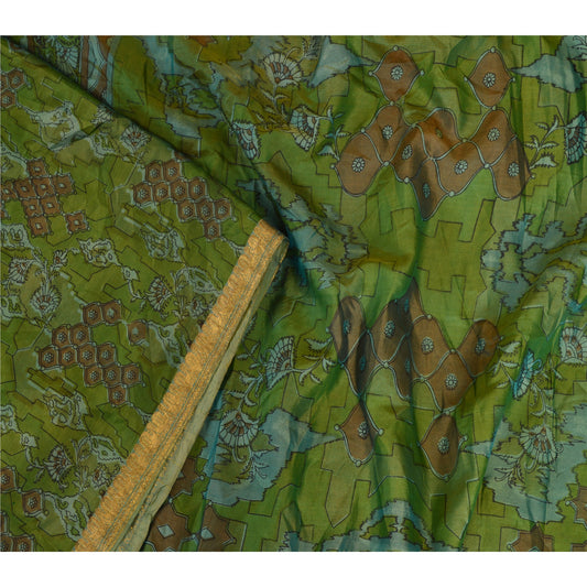 Sanskriti Vintage Sarees Green Pure Silk Printed Zari Border Sari Craft Fabric