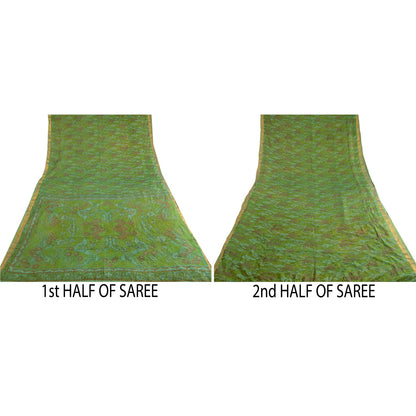 Sanskriti Vintage Sarees Green Pure Silk Printed Zari Border Sari Craft Fabric