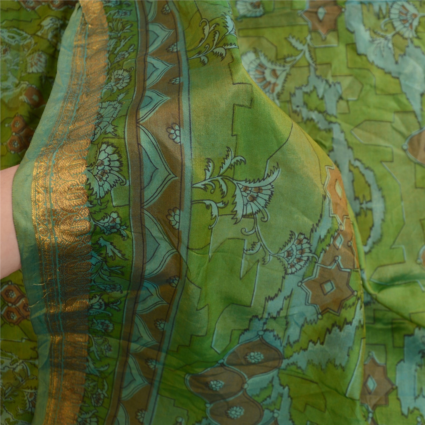 Sanskriti Vintage Sarees Green Pure Silk Printed Zari Border Sari Craft Fabric