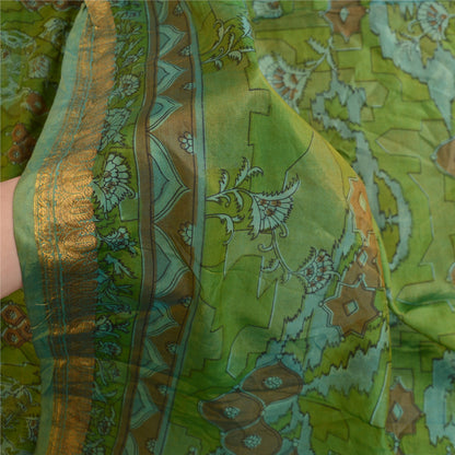 Sanskriti Vintage Sarees Green Pure Silk Printed Zari Border Sari Craft Fabric