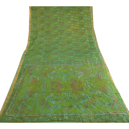 Sanskriti Vintage Sarees Green Pure Silk Printed Zari Border Sari Craft Fabric