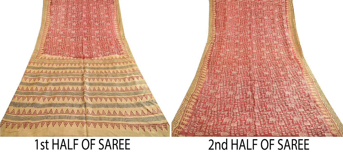 Sanskriti Vintage Sarees Pink Hand Block Printed Pure Silk Sari 5yd Craft Sustainable Fabric