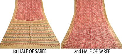 Sanskriti Vintage Sarees Pink Hand Block Printed Pure Silk Sari 5yd Craft Sustainable Fabric