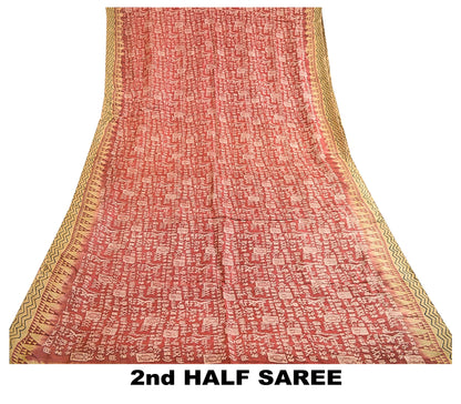 Sanskriti Vintage Sarees Pink Hand Block Printed Pure Silk Sari 5yd Craft Sustainable Fabric