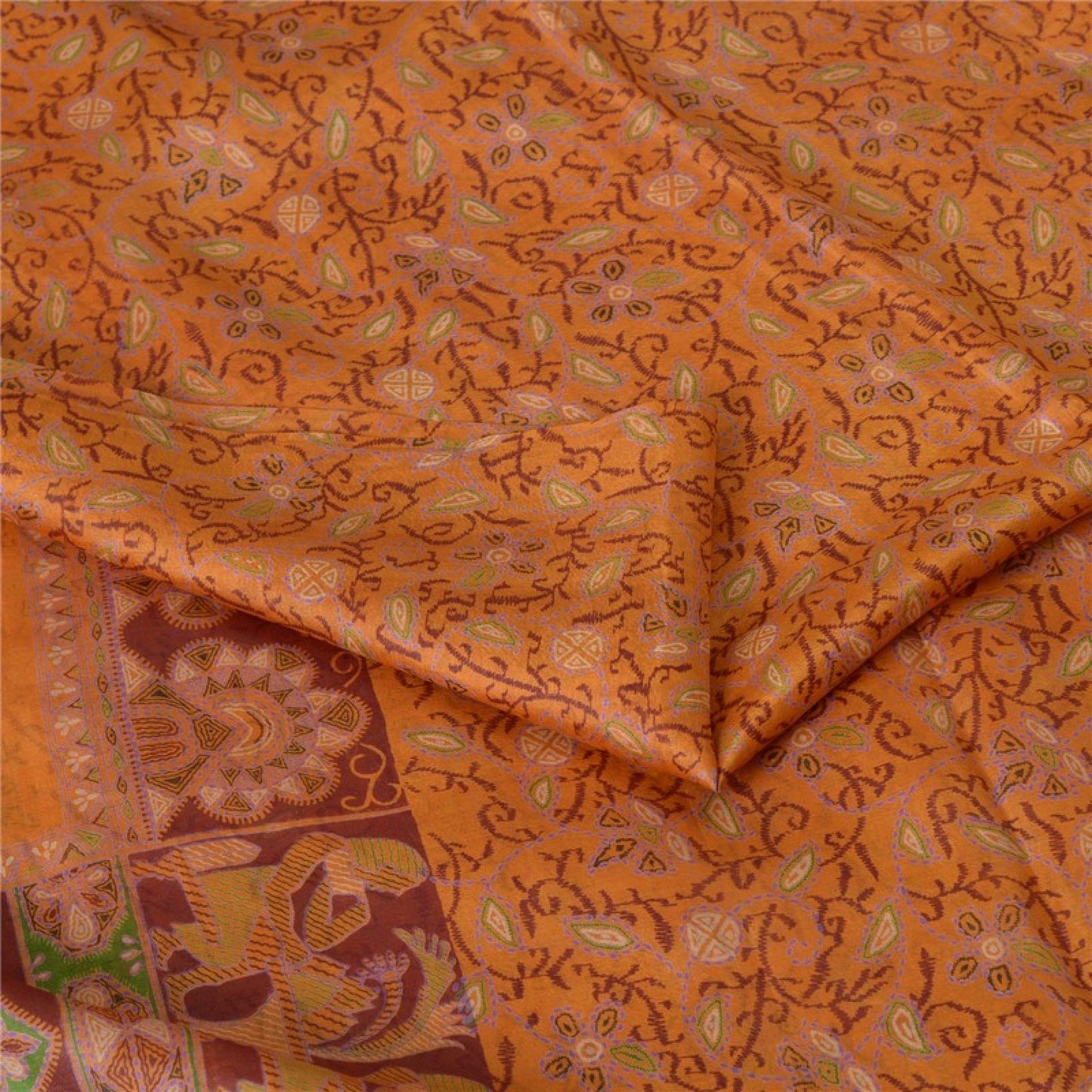 Sanskriti Vintage Sarees Indian Saffron Printed Pure Silk Sari 5yd Craft Sustainable Fabric
