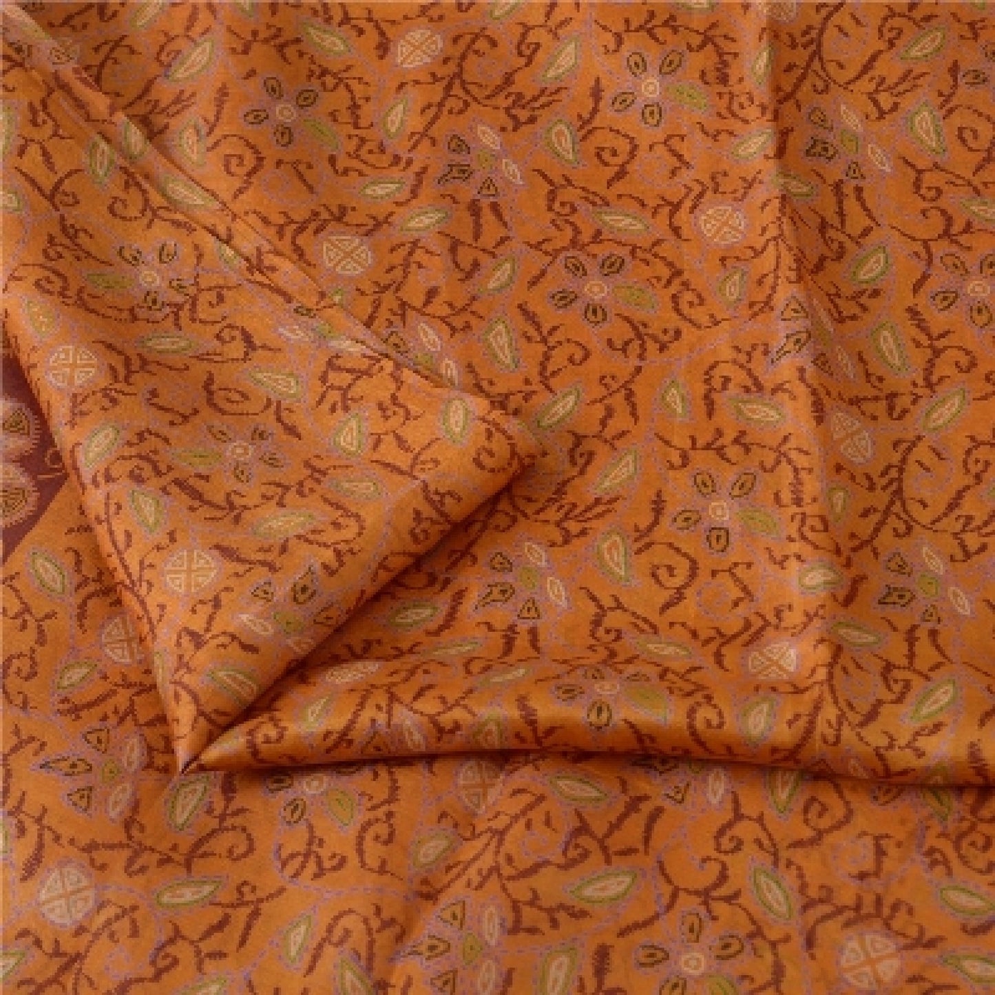 Sanskriti Vintage Sarees Indian Saffron Printed Pure Silk Sari 5yd Craft Sustainable Fabric