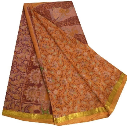 Sanskriti Vintage Sarees Indian Saffron Printed Pure Silk Sari 5yd Craft Sustainable Fabric