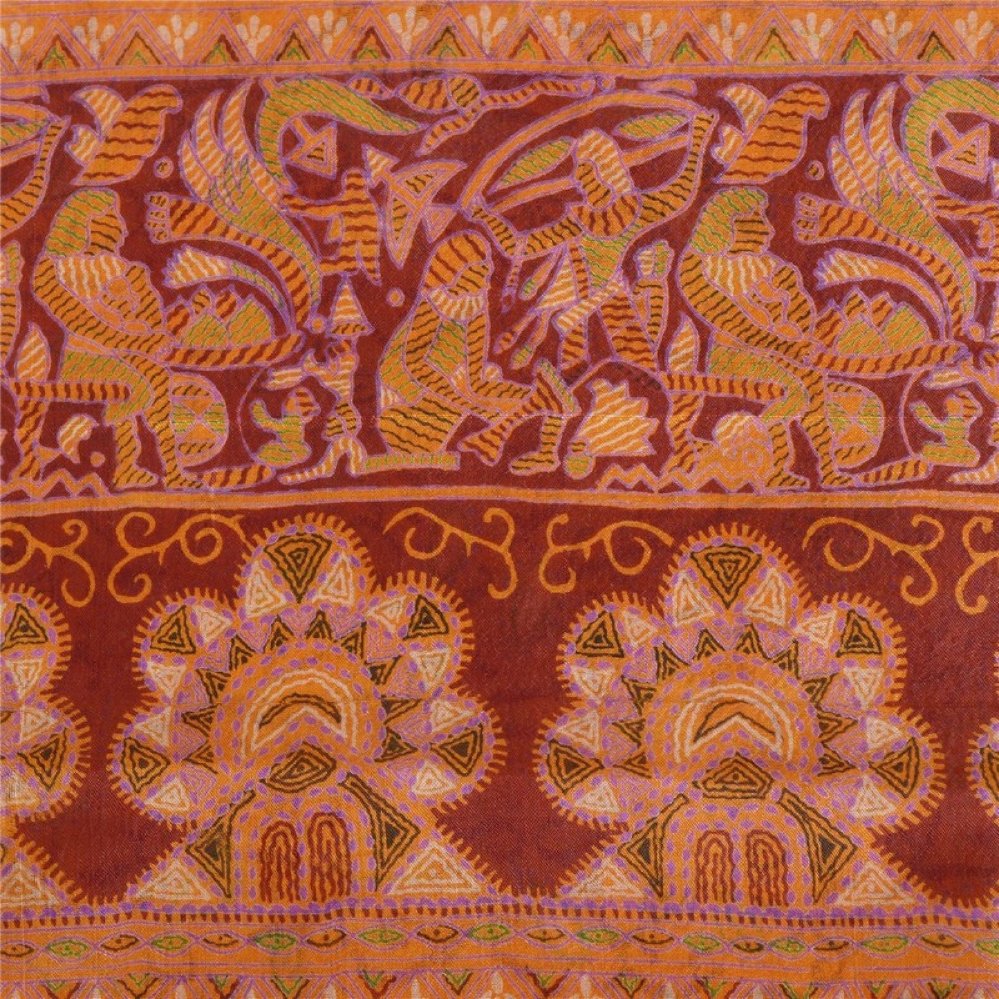 Sanskriti Vintage Sarees Indian Saffron Printed Pure Silk Sari 5yd Craft Sustainable Fabric