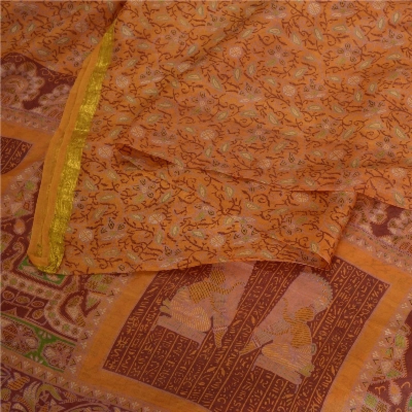 Sanskriti Vintage Sarees Indian Saffron Printed Pure Silk Sari 5yd Craft Sustainable Fabric