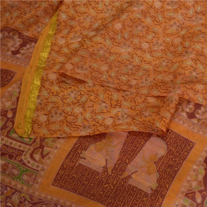 Sanskriti Vintage Sarees Indian Saffron Printed Pure Silk Sari 5yd Craft Sustainable Fabric