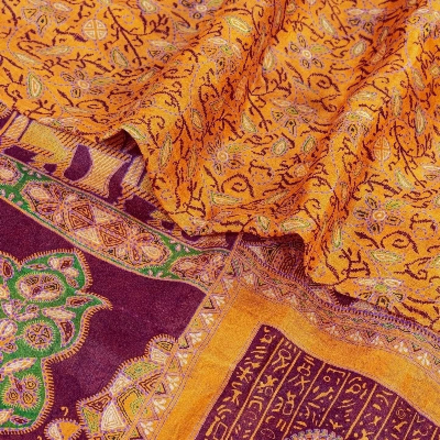 Sanskriti Vintage Sarees Indian Saffron Printed Pure Silk Sari 5yd Craft Sustainable Fabric