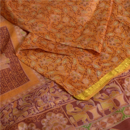 Sanskriti Vintage Sarees Indian Saffron Printed Pure Silk Sari 5yd Craft Sustainable Fabric