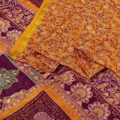 Sanskriti Vintage Sarees Indian Saffron Printed Pure Silk Sari 5yd Craft Sustainable Fabric