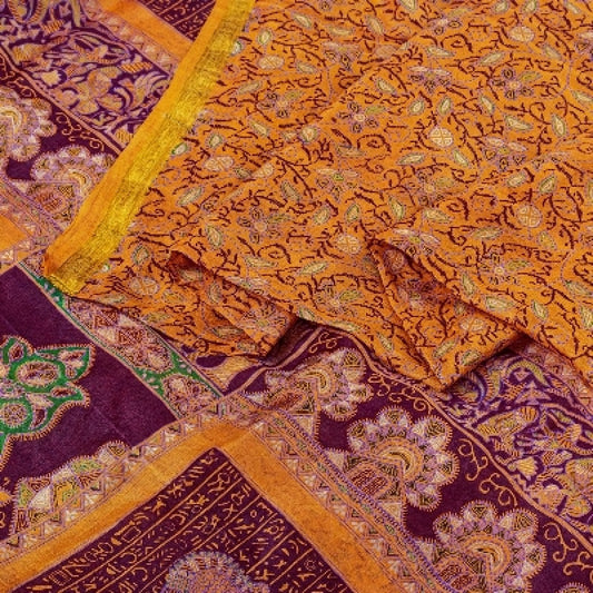 Sanskriti Vintage Sarees Indian Saffron Printed Pure Silk Sari 5yd Craft Sustainable Fabric