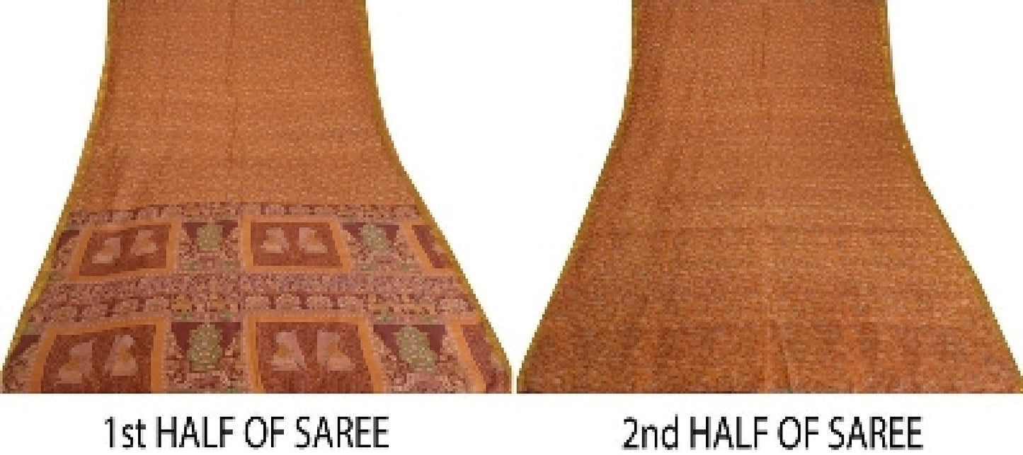 Sanskriti Vintage Sarees Indian Saffron Printed Pure Silk Sari 5yd Craft Sustainable Fabric