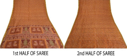 Sanskriti Vintage Sarees Indian Saffron Printed Pure Silk Sari 5yd Craft Sustainable Fabric