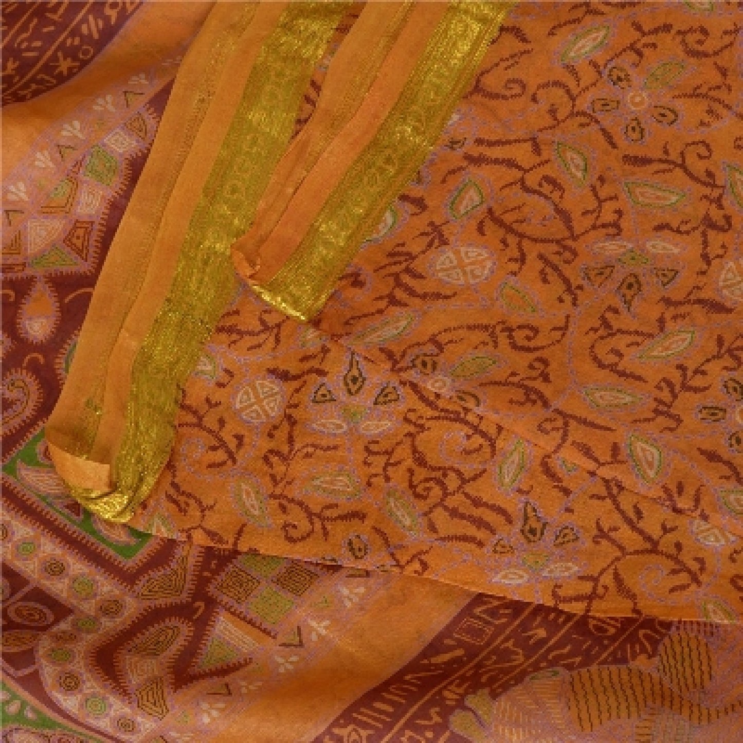 Sanskriti Vintage Sarees Indian Saffron Printed Pure Silk Sari 5yd Craft Sustainable Fabric