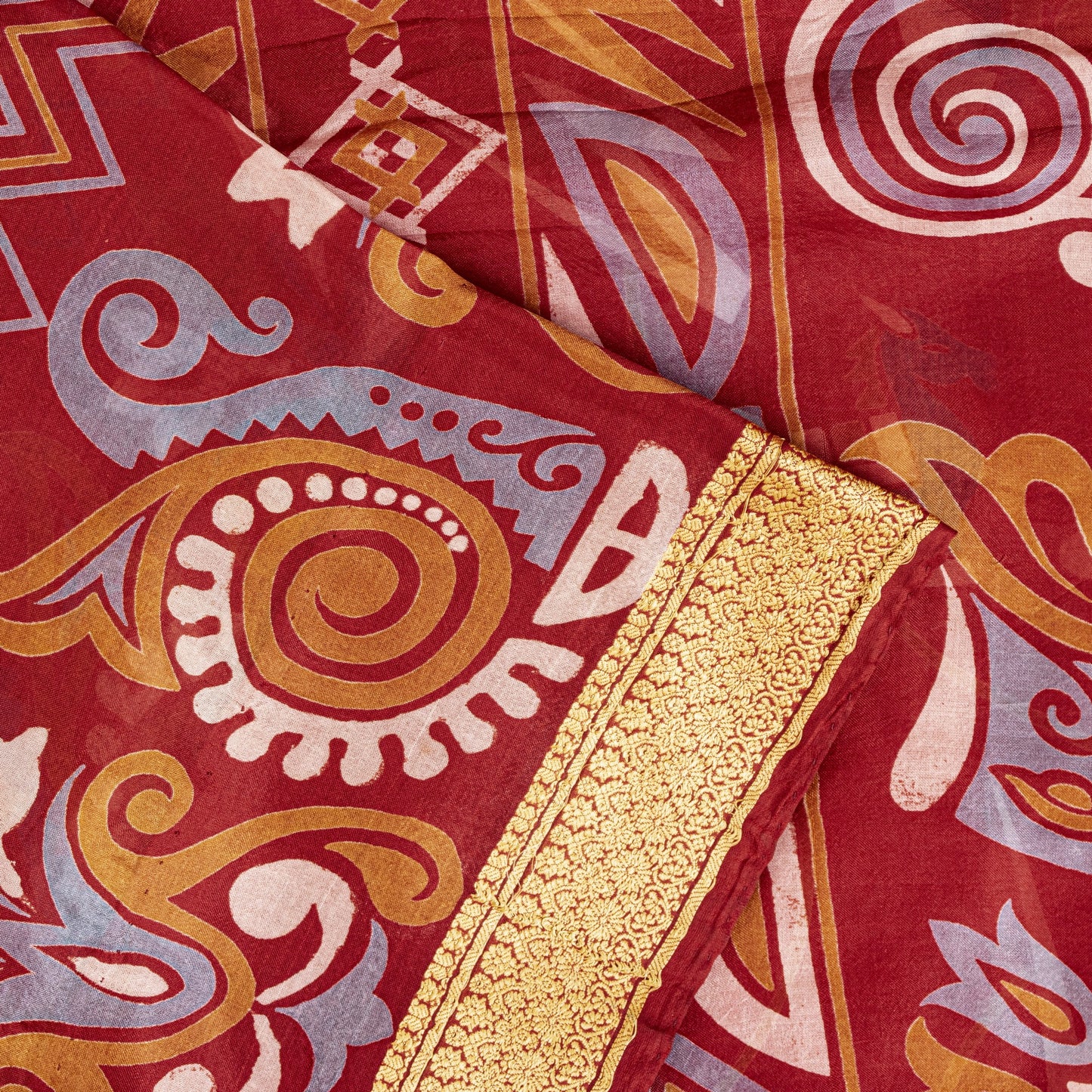 Sanskriti Vintage Sarees Red Animal Pure Silk Printed Sari 5yd Soft Craft Sustainable Fabric