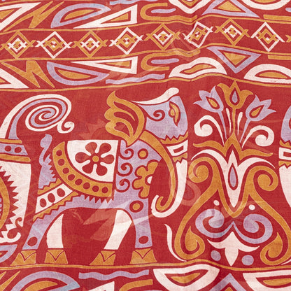 Sanskriti Vintage Sarees Red Animal Pure Silk Printed Sari 5yd Soft Craft Sustainable Fabric