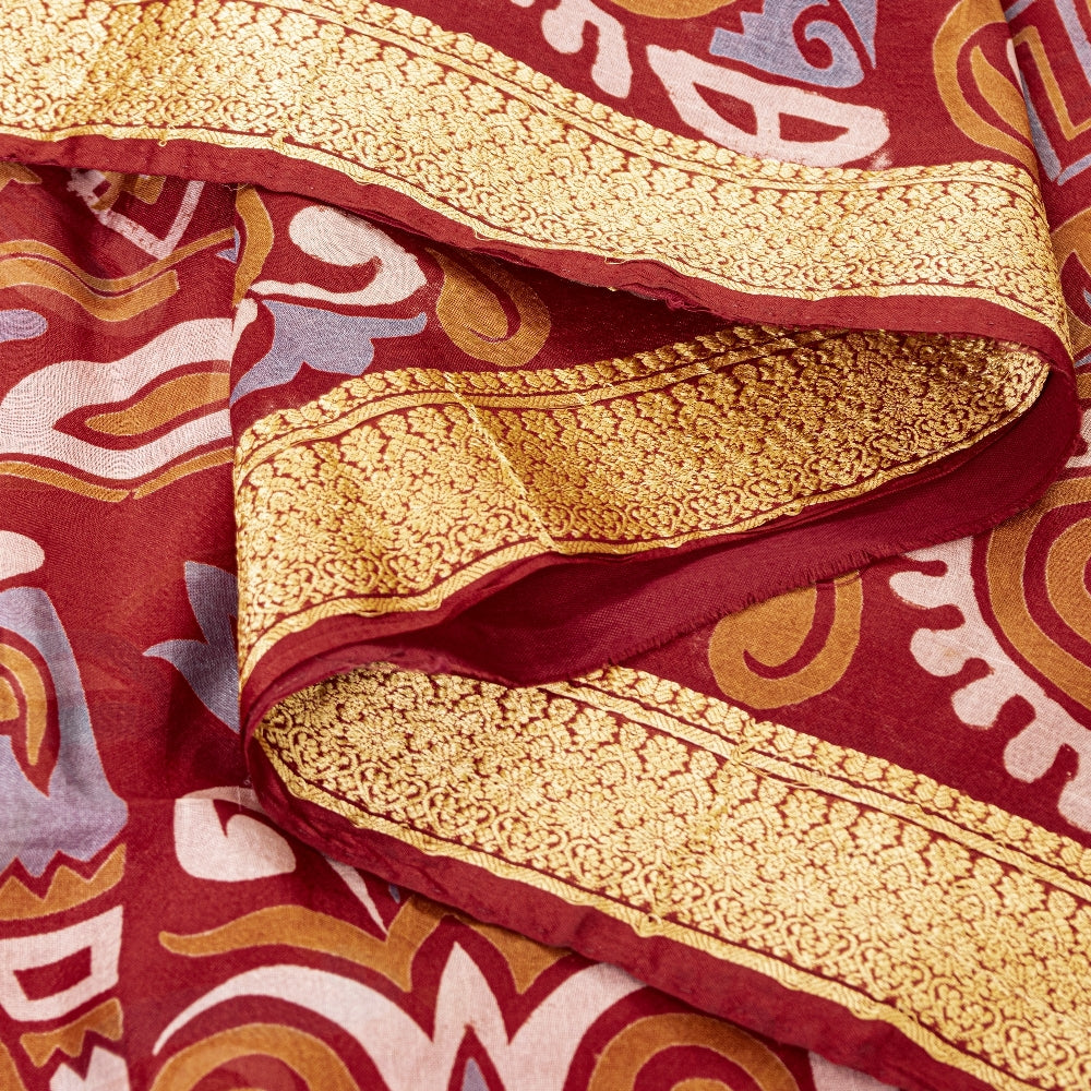 Sanskriti Vintage Sarees Red Animal Pure Silk Printed Sari 5yd Soft Craft Sustainable Fabric
