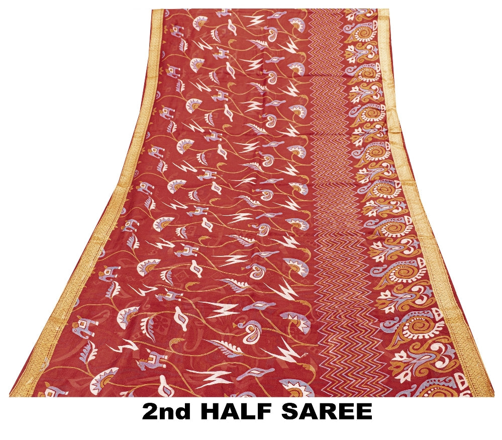 Sanskriti Vintage Sarees Red Animal Pure Silk Printed Sari 5yd Soft Craft Sustainable Fabric