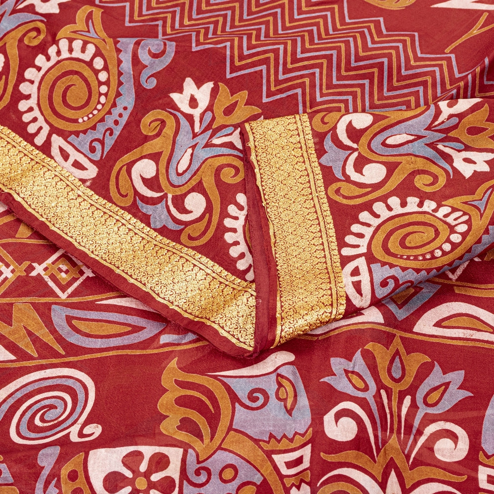 Sanskriti Vintage Sarees Red Animal Pure Silk Printed Sari 5yd Soft Craft Sustainable Fabric