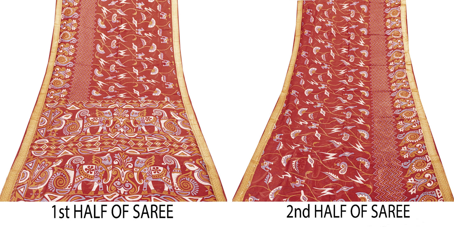 Sanskriti Vintage Sarees Red Animal Pure Silk Printed Sari 5yd Soft Craft Sustainable Fabric