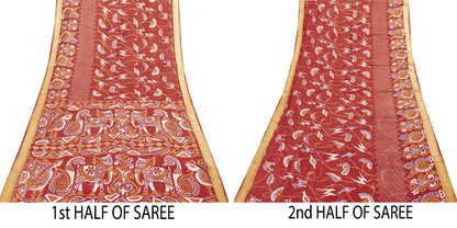 Sanskriti Vintage Sarees Red Animal Pure Silk Printed Sari 5yd Soft Craft Sustainable Fabric