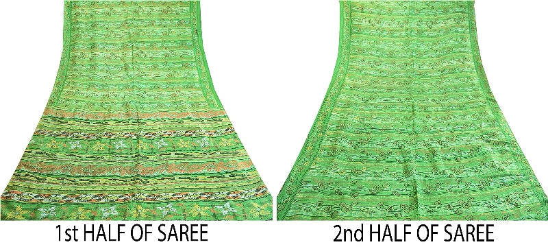 Санскритские винтажные сари из Индии, зеленая чистая шелковая набивная ткань для сари из экологически чистой ткани