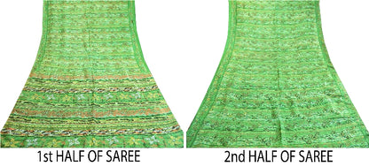 Санскритские винтажные сари из Индии, зеленая чистая шелковая набивная ткань для сари из экологически чистой ткани