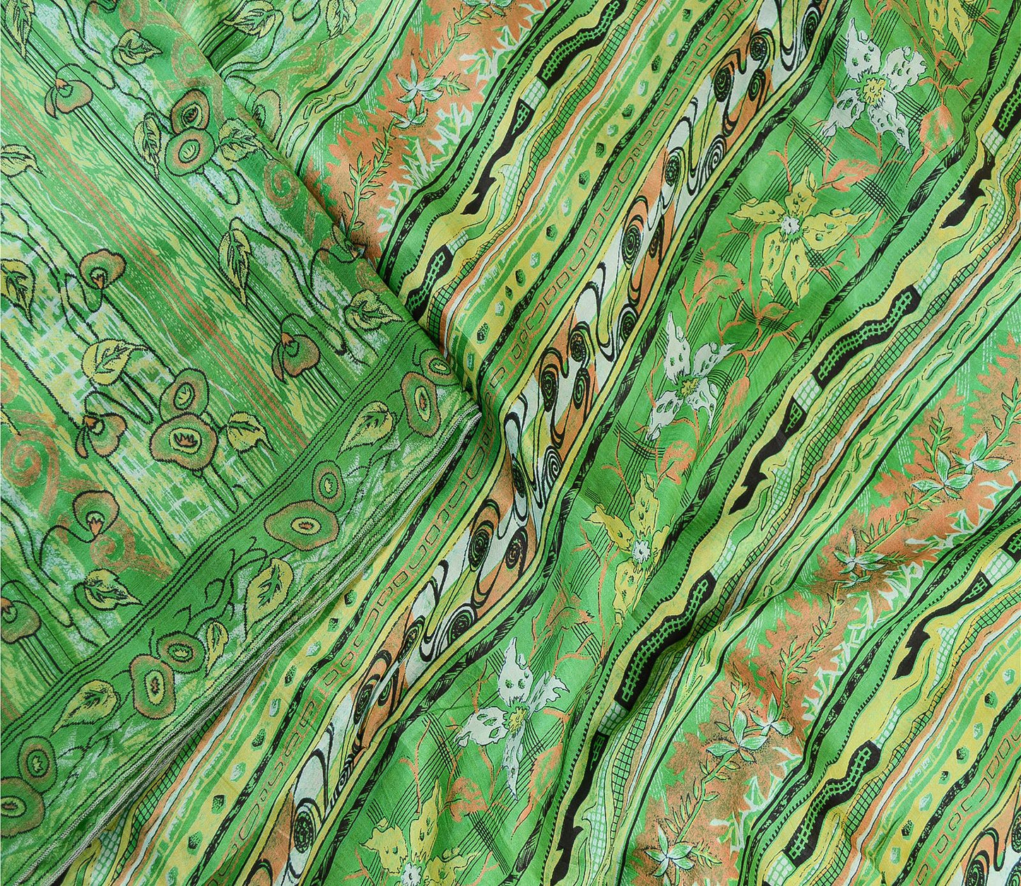 Санскритские винтажные сари из Индии, зеленая чистая шелковая набивная ткань для сари из экологически чистой ткани