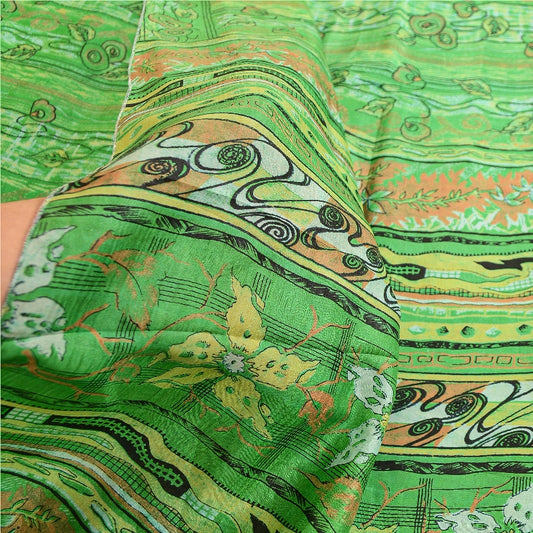 Санскритские винтажные сари из Индии, зеленая чистая шелковая набивная ткань для сари из экологически чистой ткани