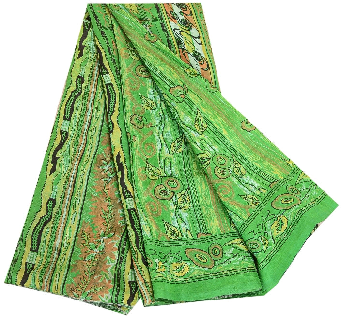 Санскритские винтажные сари из Индии, зеленая чистая шелковая набивная ткань для сари из экологически чистой ткани