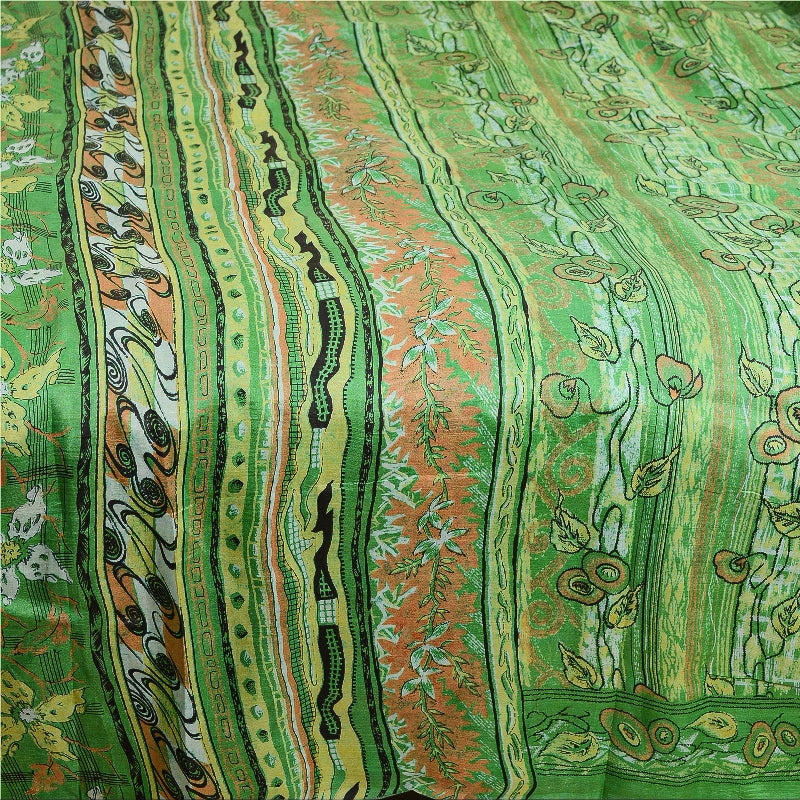 Санскритские винтажные сари из Индии, зеленая чистая шелковая набивная ткань для сари из экологически чистой ткани