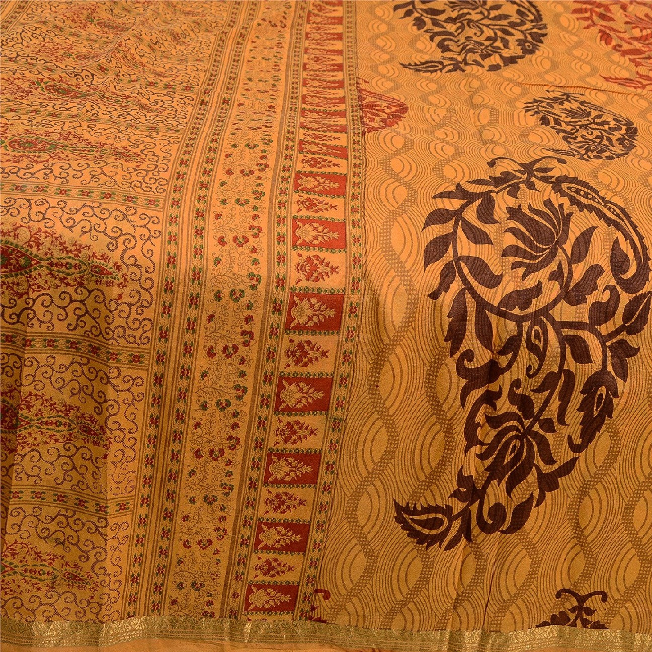 Sanskriti Vintage Sarees Yellow Pure Silk Block Printed Sari Floral Craft Sustainable Fabric