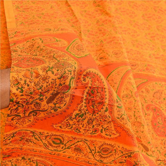 Sanskriti Vintage Sarees Saffron Indian Pure Silk Printed Sari Soft Craft Sustainable Fabric