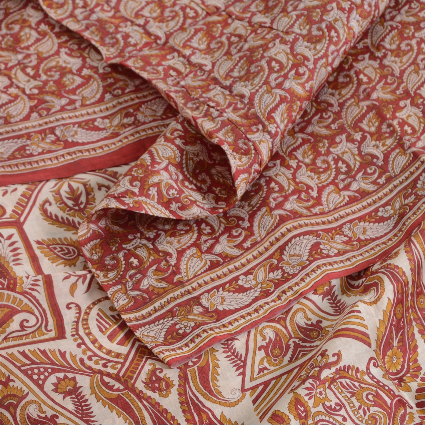 Sanskriti Vintage Sarees Red Quilting Felting Craft Fabric Pure Silk Print Sari