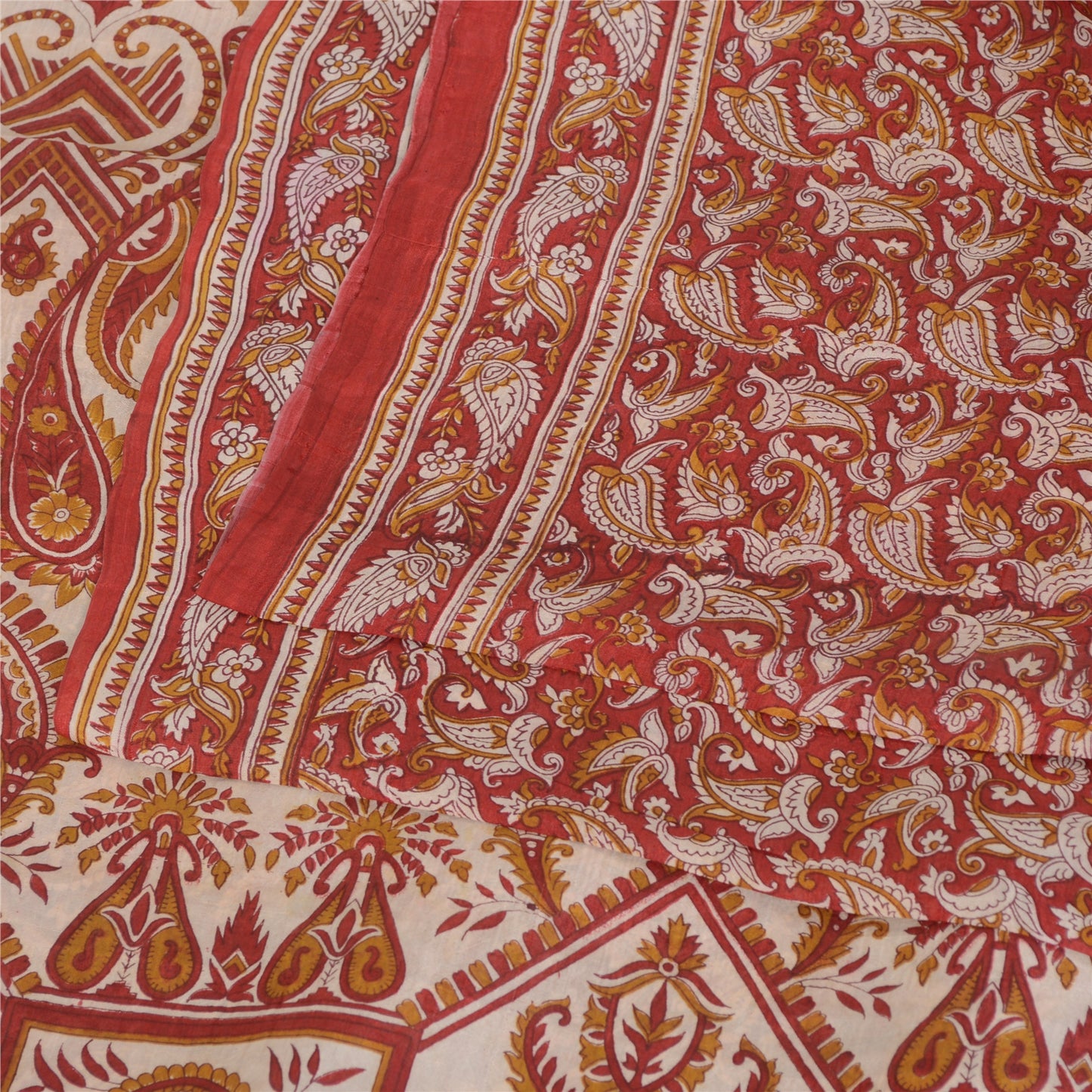 Sanskriti Vintage Sarees Red Quilting Felting Craft Fabric Pure Silk Print Sari